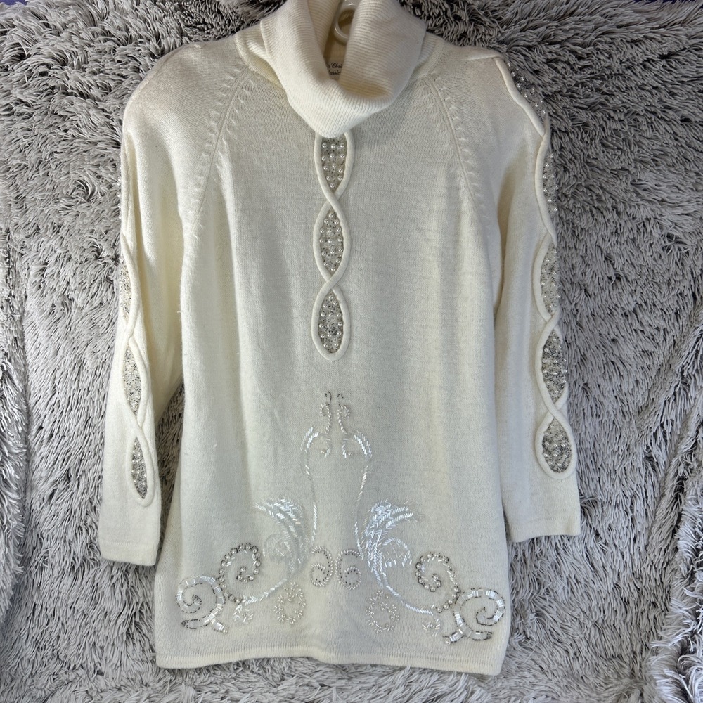 Turtleneck 80s 90s Cream Beaded Lambs Wool Angora Elegant Long Sweater Medium